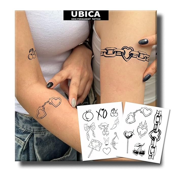 2 Sheets Long Lasting Love Chain Temporary Fake Tattoos For Women Arm Hand Neck Waist,Bow Cherry Rabbit Semi Permanent Tattoo For Adults Girl,Realistic, Waterproof and Non-Reflective