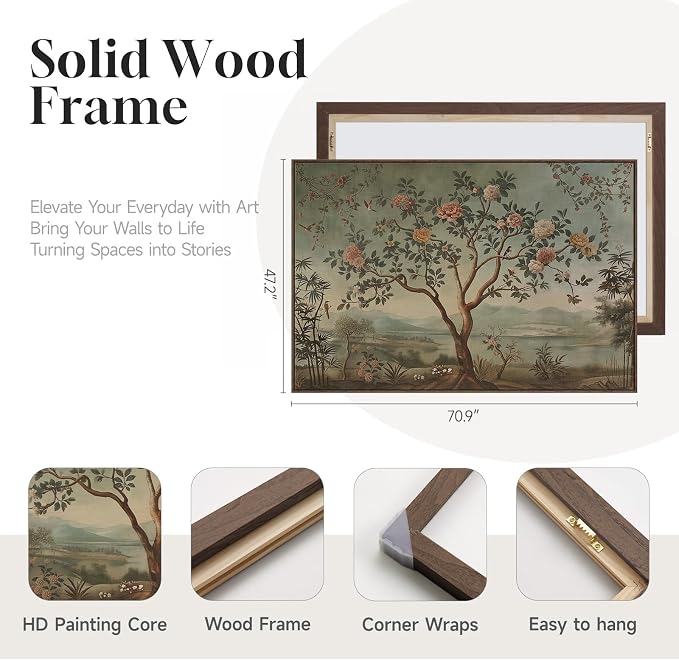 Extra Large Framed Vintage Landscape Wall Art for Living Room, Oversized Chinoiserie Tree Floral Canvas Horizontal Artwork for Walls, Retro Painting Prints Dining Room Hallway Wall Decor, 72x48 Inch