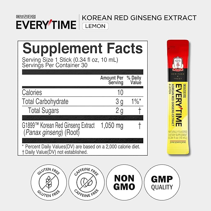 JungKwanJang Everytime Korean Red Ginseng Extract 1,050mg & Lemon - Vegan Energy Drink Liquid Stick Supplements - Builds Stamina & Immunity, Non-GMO (10 Sticks, 0.34 fl oz)