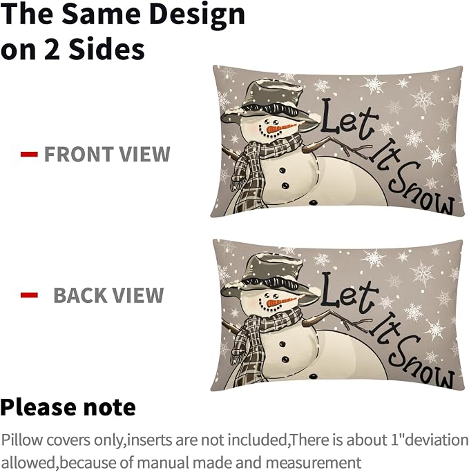 Christmas Gray Lumbar Pillow Covers 12X20 Inch Set of 2 Xmas Snowman Snowflake Decorative Pillow Cases Winter Holiday Cotton Linen Cushion Case Modern Home Decor for Sofa Couch Bedroom