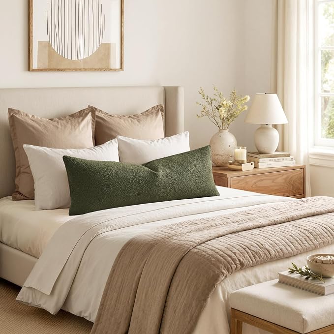 MIULEE Textured Boucle Lumbar Pillow Cover for Bed 14x36 Olive Green | Pack of 1 Textured Neutral Couch Throw Pillow Cover, Accent Solid Long Body Pillowcase, Sofa Living Room Home Decor