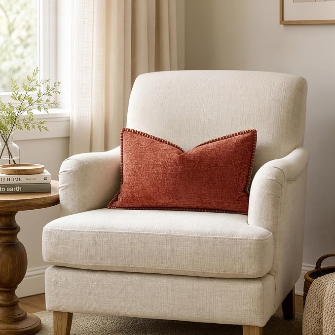 MIULEE Fall Decorative Lumbar Throw Pillow Covers 12x20 Inch Burnt Orange | Terracotta Farmhouse Pillow Covers with Stitched Edge, Soft Chenille Cushion Cases, for Couch Sofa Bed Living Room Home Decor