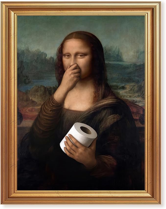 ICHZUMW Gold Framed Funny Mona Lisa Toilet Paper Canvas Wall Art, 8x10 In | Quirky Humorous Parody Painting Bathroom Wall Decor, Restroom Powder Room Guest Toilet, Fade Resistant, Ready to Hang
