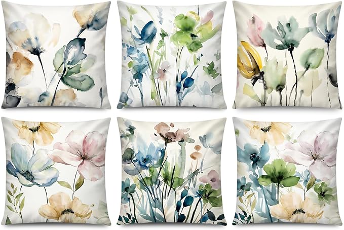 COMMINY Colorful Floral Pillow Covers 18x18 Set 6 Decorative Throw Cover | Farmhouse Flower, Breathable Linen, Standard Throw Pillow Size, Bedroom Accent Couch Sofa, Spring Summer Decor