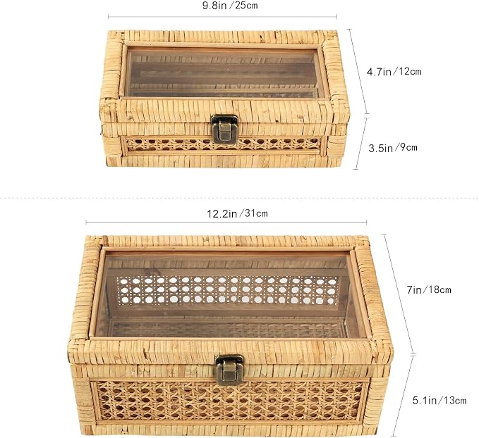 HUAXIN CRAFT H Rattan Decorative Box with Lid, Rectangular Woven with Glass for Display, Set of 2 Wicker for Decor