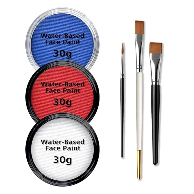 Water-Based Red White Blue Patriotic Face Body Paint Kit with Brushes for 4th of July Independence Day, Halloween Cosplay and Sports Events