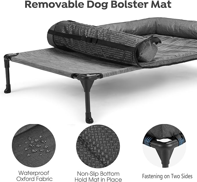 Veehoo Outdoor Elevated Dog Bed with Waterproof Bolster Cushion, Cooling | Raised Dog Bed with Removable & Washable Mat Topper, Breathable Mesh, Dog Couch Cot for Indoor Outdoor, 32", Medium, Melange