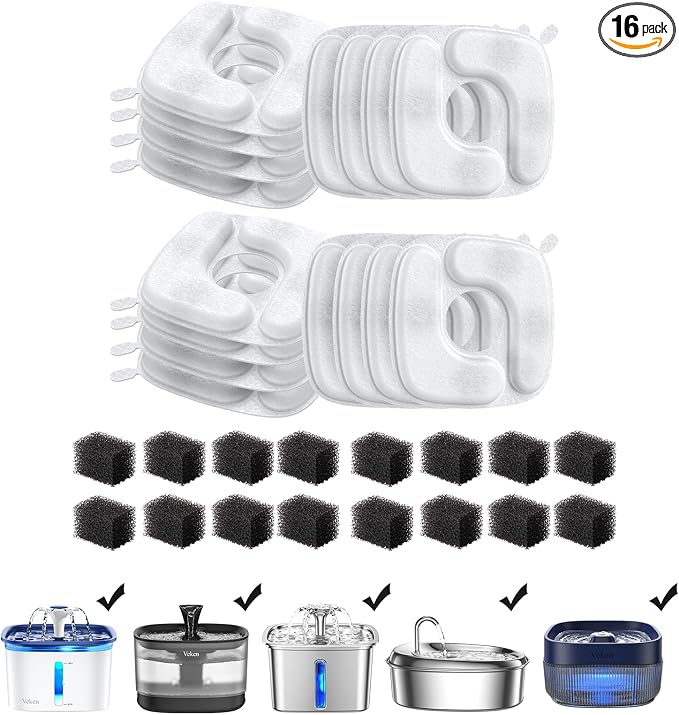 Veken Cat Water Fountain Filters, 16 Pack Replacement Filters | and 16 Pack Replacement Pre-Filter Sponges Set for 50oz, 84oz, 95oz or 108oz Automatic Pet Fountain Dog Water Dispenser