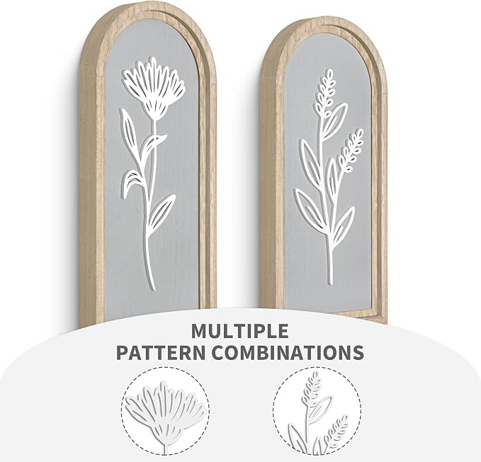 Gray Bathroom Wall Decor Set of 2, Arched 3D Wooden Floral Wall Art Panels | Raised white floral cutouts in arched frames, ready to hang; neutral boho farmhouse decor for bedroom, hallway and entryway