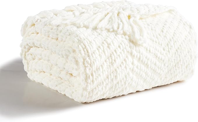 CREVENT 50"X60" Farmhouse Breathable Soft Chenille Knitted Textured Throw Blanket for Couch Chair Bed, Boho Home Decor for Living Room (Ivory)