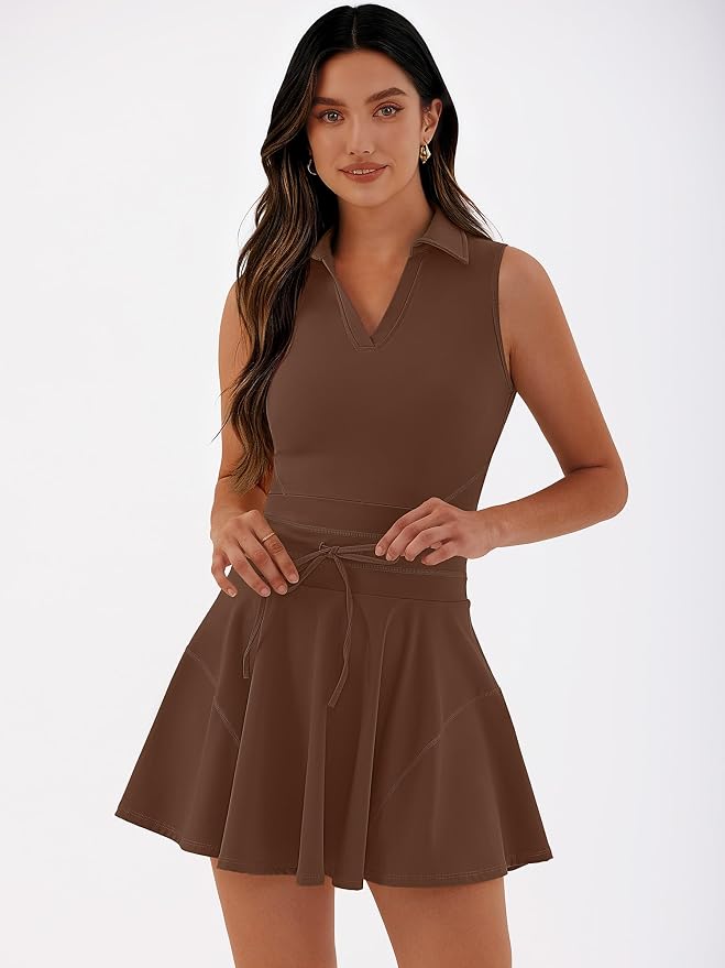 Caracilia Women's 2 Piece Tennis Dress Set-Polo Neck Sleeveless Mini Dresses with Shorts,Golf Casual Workout Athletic Sports