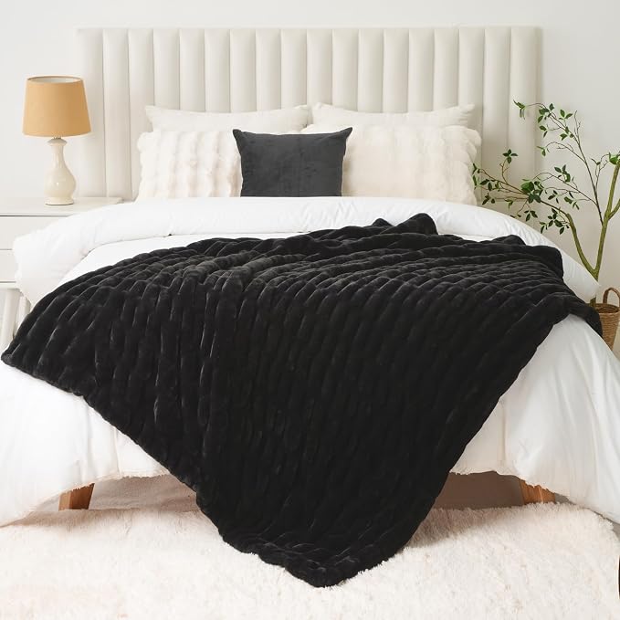 BATTILO Soft Faux Fur Throw Blanket for Couch, Double Side, 60"x80", Black | Black Throw Blanket, Bubble Blanket, Cozy Warm Fluffy Faux Fur Blanket For Bed, Sofa Living Room