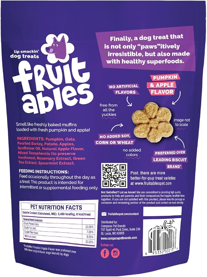 Fruitables Baked Dog Treats, Low Calorie Treats, Pumpkin & Apple, 7oz | Healthy Dog Treats, Training Treats, Crunchy Dog Biscuits, Limited Ingredient Recipe, Healthy Puppy Snacks, Made in USA