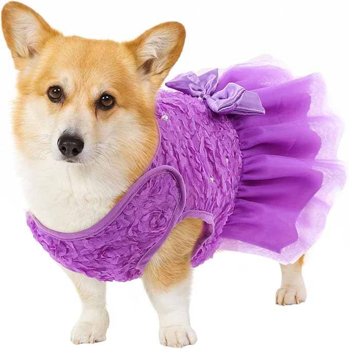 ASENKU Dog Dress Pet Wedding Dress Puppy Birthday Party Outfit, Purple L | Dog Flower Girl Dress With Leash Hole, Princess Puppy Dress For Weddings, Daily Wear, Fits Small Medium Large Dogs Cats