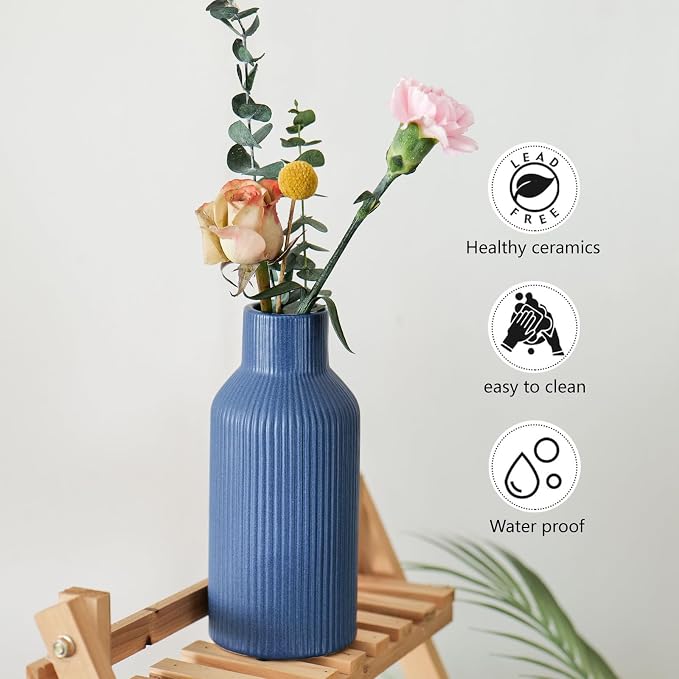 Bohemian Blue Ceramic Vase - for Pampas Grass, Mantel, Bookshelf, Entryway and Living Room Decor (Blue, 8in)