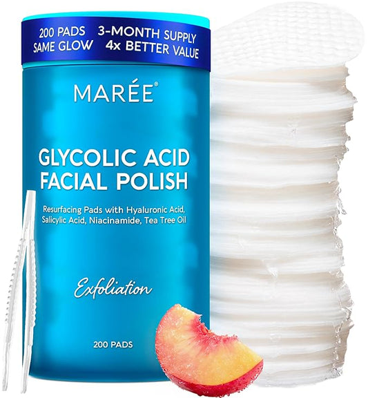 MAREE Glycolic Acid Pads – 200 Toner Pads for Face Cleansing – Facial Exfoliating Pad with Tea Tree Oil, Salicylic Acid & Vitamins E, B3, B5 – Acne Clearing Face Pad, Skin Pore Resurfacing & Radiance