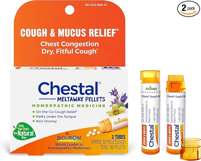 Boiron Chestal Pellets for Cough and Mucus Relief, Nasal or Chest Congestion, and Sore Throat Relief - 2 Count (160 Pellets)