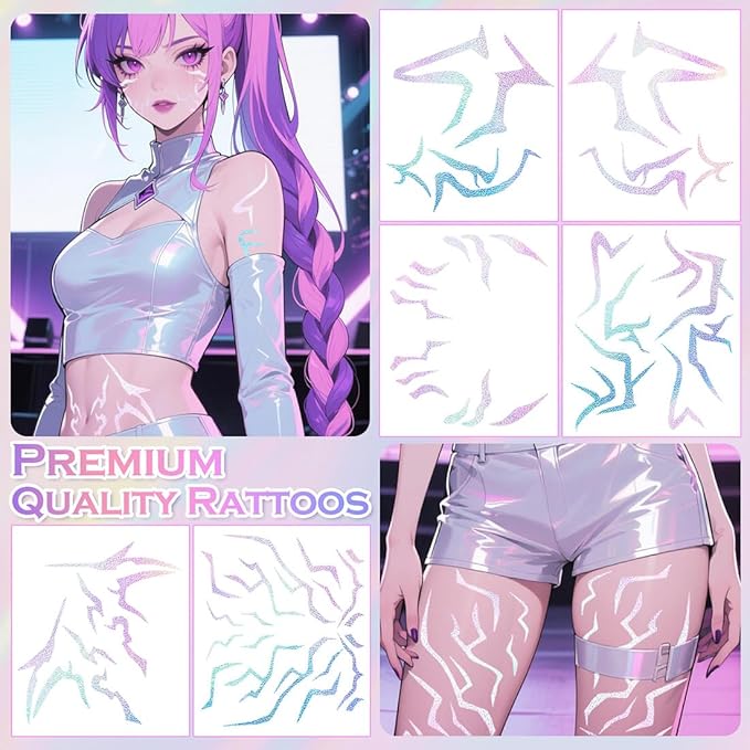Cosplay Temporary Tattoos, 6 Sheets Holographic Tattoos Waterproof Body Art Prop for Cosplay Halloween Party Makeup Realistic Accessories