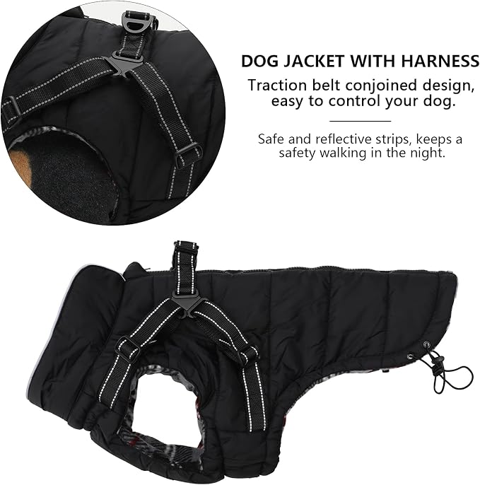 Geyecete Winter Warm Coat Waterproof Jacket with Harness Traction Belt,Pet Outdoor Jacket for Medium, Small Dogs - Black