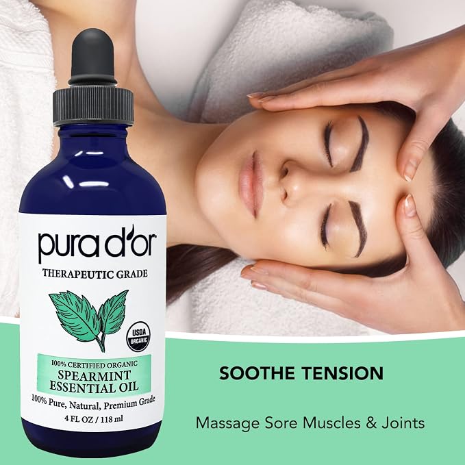 PURA D'OR Organic Spearmint Essential Oil (4oz with Glass Dropper) USDA Certified 100% Pure & Natural Therapeutic Grade Diffuser for Aromatherapy, Focus, Concentration, Mood Uplift