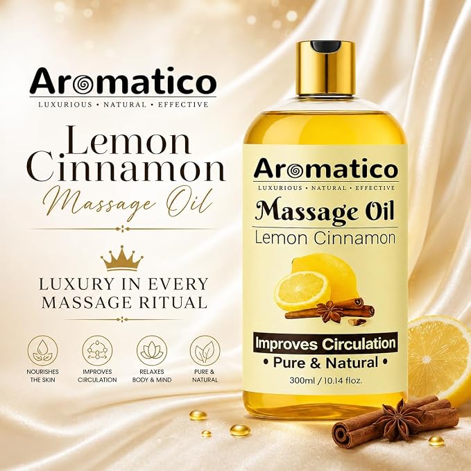 Aromatico Lemon & Cinnamon Massage Oil for Men & Women – 10 fl oz | Lightweight Non-Greasy Body Oil for Massage & Daily Body Care, Fast-Absorbing Moisturizing Oil with Citrus Aroma.