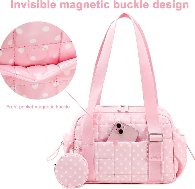 CAMTOP Mini Gym Bag for Women, Small Gym Tote Bag Puffy Quilted Sports Duffel Bag with Wet Compartment and Coin Purse Duffel Bags Dance Yoga Workout Bag for Gifts (Polka Dot Pink, Mini-12.6")