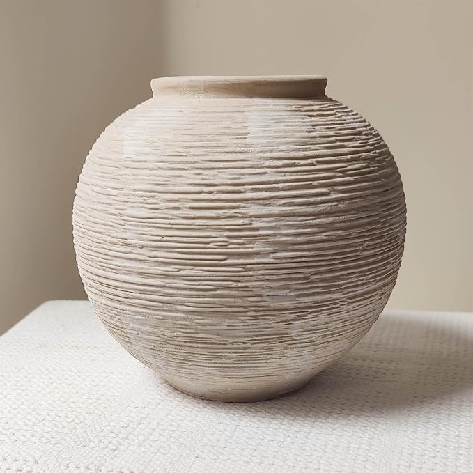 Rustic Ceramic Vintage Farmhouse Vase for Decor (Small Ribbed Whitewash) | 6'' Boho Textured Vase for Home Decor, Round Clay Terracotta Bowl vase for Living Room, Table, Shelf, Centerpieces