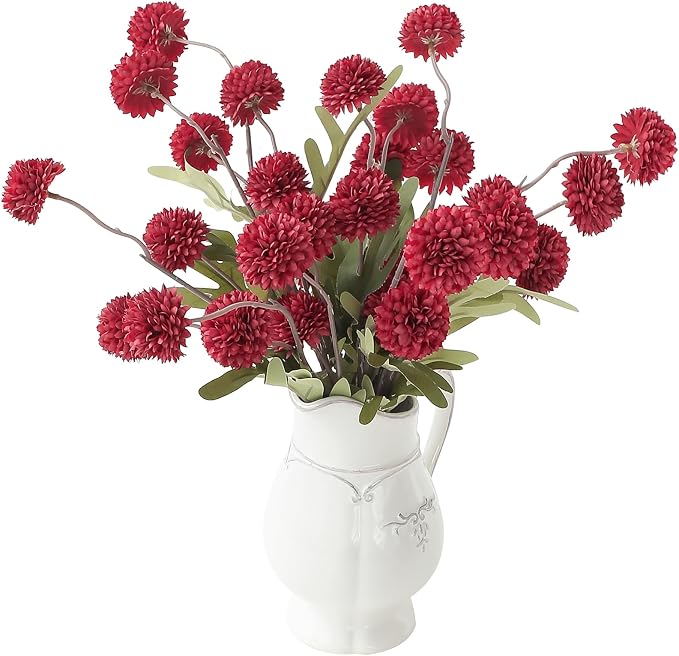 6pcs Dark Red Faux Silk Mums Artificial Flowers, Bulk Fake Small Mini Chrysanthemums with Stems for DIY Wedding Centerpieces Floral Arrangements Vase Fillers Home Decorations