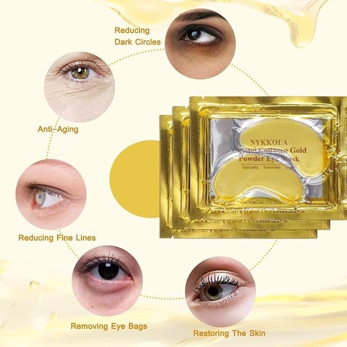 NYKKOLA 20 Pairs Gold Eye Mask Powder Crystal Gel Collagen Eye Pads For Anti-Aging & Moisturizing Reducing Dark Circles, Puffiness, Wrinkles