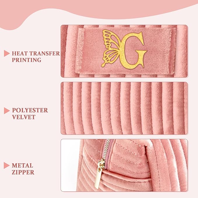 COSHAYSOO Travel Makeup Bag Quilted Make Up Pouch Initial Cosmetic Case with Butterfly Decor for Women SPF Sunscreen Contour Stick Beauty Blender Highlighter Concealer Organizer Pink Letter G
