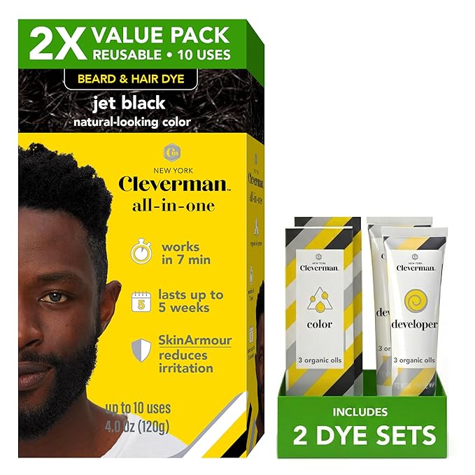 2X Reusable Hair & Beard Dye for Black Men – Jet Black | Up to 10 Uses, 7 Minutes | Natural Gray Coverage, No-Drip Cream with SkinArmour® – Cleverman