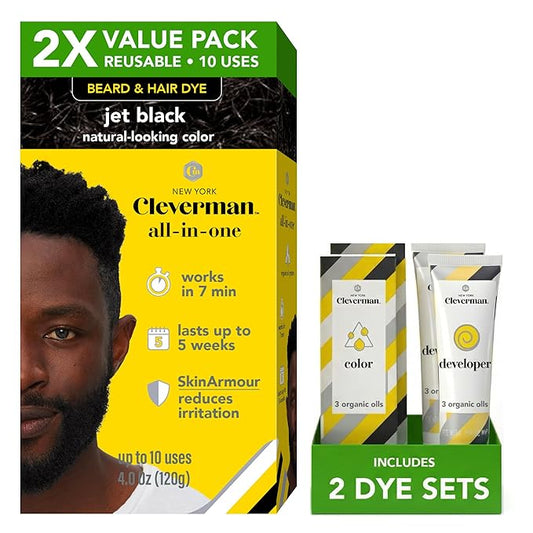 2X Reusable Hair & Beard Dye for Black Men – Jet Black | Up to 10 Uses, 7 Minutes | Natural Gray Coverage, No-Drip Cream with SkinArmour® – Cleverman