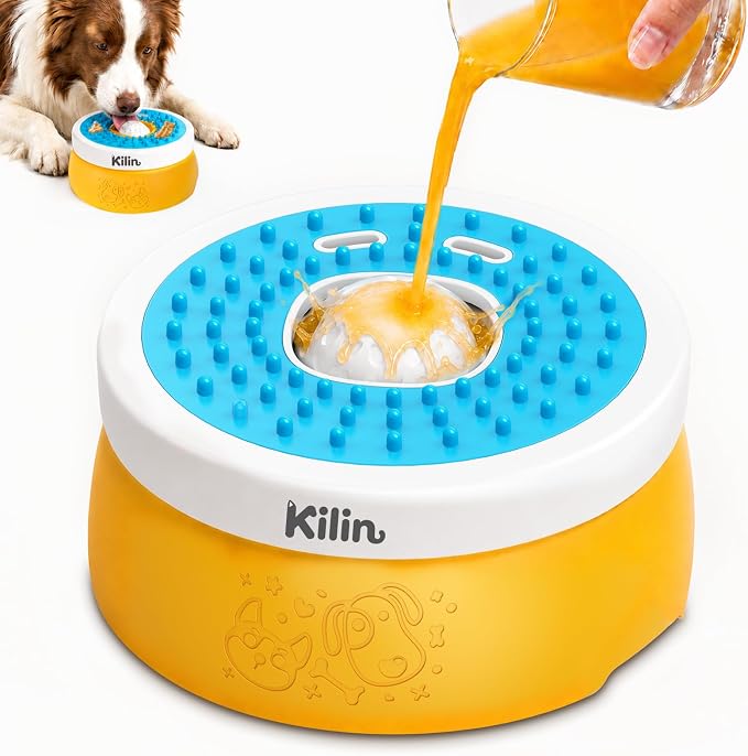 KILIN Slow Feeder Dog Licking Bowl with Rolling Ball,4 Non-Slip Pads,8fl oz