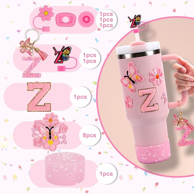 15PCS Cup Accessories Set for Stanley Cup 30oz 40oz Tumbler with Handle, Including Silicone Straw Cover and Boot, Spill Proof Stopper, Stanley Charms, Handle Charm, Initials Sticker