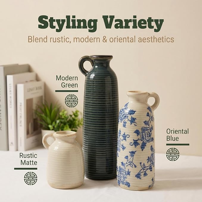 Ceramic Vase Set of 3 with Handles, Blue White Neutral Rustic Modern Farmhouse Boho Decor, Versatile as Table Centerpiece or Mantel & Shelf Accent - Unique Home Gift Idea