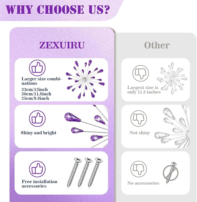 ZEXUIRU 4 Set Silver Starburst Wall Art for Home Decor Metal Bling Crystal Rhinestones Sunburst Wall Decor Sparkling Rhinestone Art Accent -Purple 13in/11.8in/9.8in/9.8in