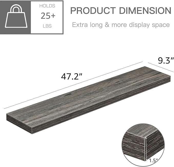 QEEIG Floating Shelves for Wall 47.2" Extra Long - Wall Mounted Shelf Bathroom Kitchen Living Room Bedroom Farmhouse Home Decor Display Bookshelf Large 47.2 x 9.3 inch Set of 2, Grey (008-120GY)