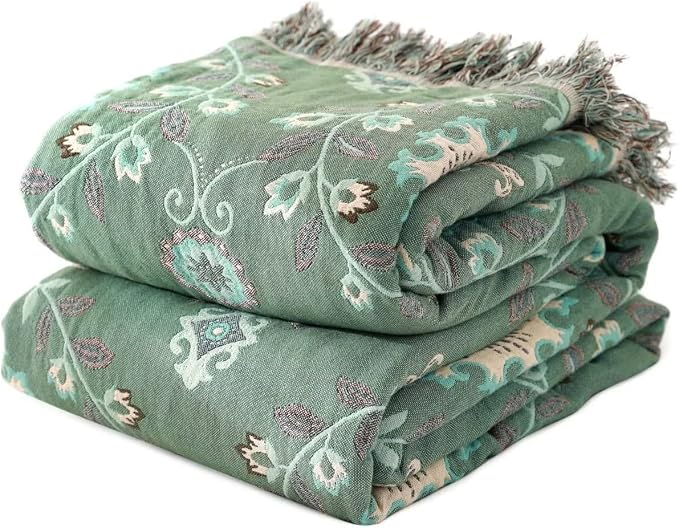 LUTBM Boho Throw Blanket for Bed 60"x80", 100% Cotton Soft Couch Blankets | Reversible Floral Jacquard, All-Season Twin Quilt, For Chair Sofa Living Room, Lightweight & Breathable Gauze, Home Decor