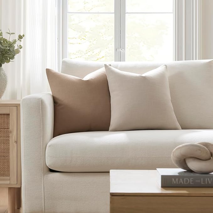 Meekio Set of 2 Natural Beige Throw Pillow Covers 20x20, Modern Farmhouse Linen Blend Decorative Pillow Covers for Couch Sofa Bed, Neutral Home Decor