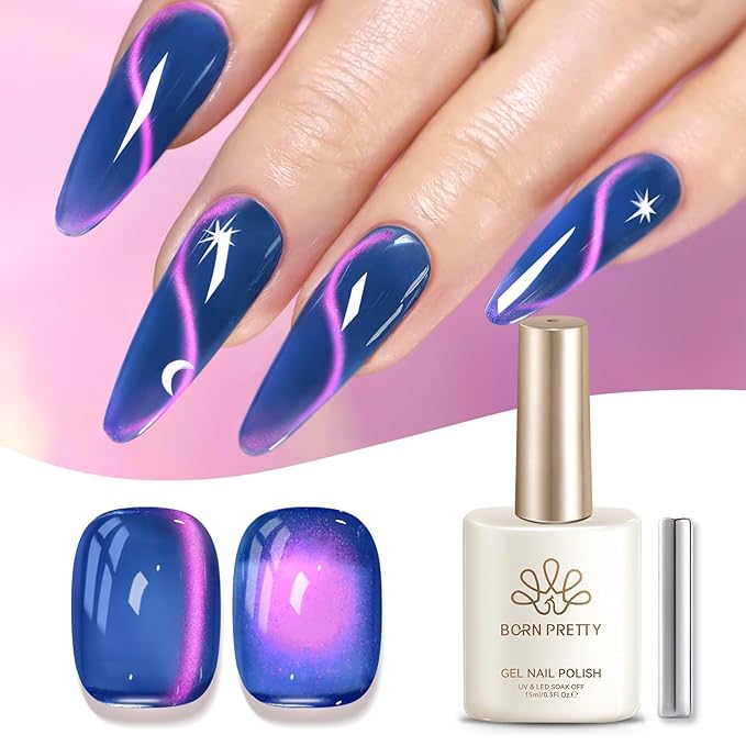 Born Pretty Jelly Glass Navy Blue Cat Magnetic Eye Gel Polish,2026 Spring Summer Fruit Navy Blue Holographic Glitter Shimmer Sheer Magnetic Gel Polish Salon DIY at Home