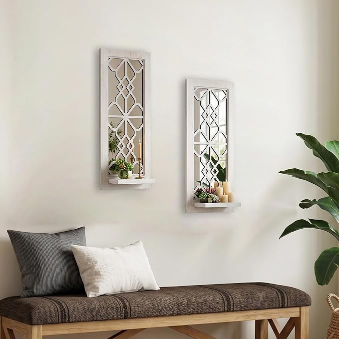 ZEXUIRU 2 Set Rustic Candle Sconces Living Room Bedroom Entryway Wood Mirrored, Farmhouse, Carved Frame Wall-Mount Wooden Candle Holders Wall Decor Hanging Handmade Holder - Distressed White