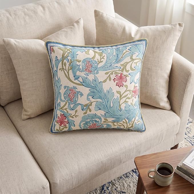 patdrea Designer Vintage Linen Throw Pillow Cover,18"x18",Set of 2-Fromm A | Luxury Decorative Pillow Case with Zipper,Blue Floral Pattern,Pillow Cover for Couch Living Room Bedroom Sofa