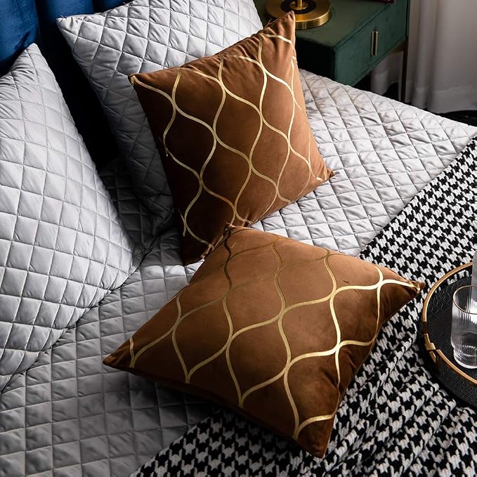 Gold Velvet Throw Pillow Covers: 2 Pack 18x18 Inch Square Decorative Pillow Cases for Bedroom Sofa Couch Living Room, Light Brown