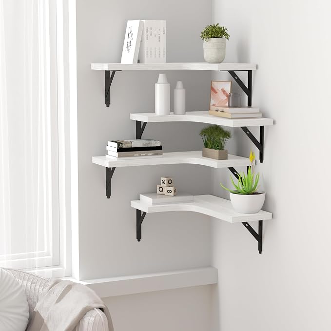 ROMGUAR CRAFT Corner Floating Shelves Wall Mounted Set of 4, Rustic Wood Storage Display Shelves for Home Decor, Bathroom, Kitchen, Bedroom, Living Room, Office (White)