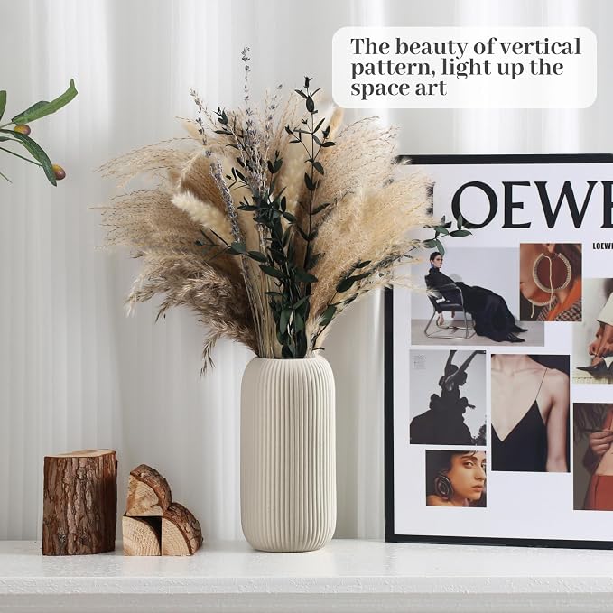Bohemian Beige Ceramic Vase - for Pampas Grass, Mantel, Bookshelf, Entryway and Living Room Decor (Beige, 8in-Pill)