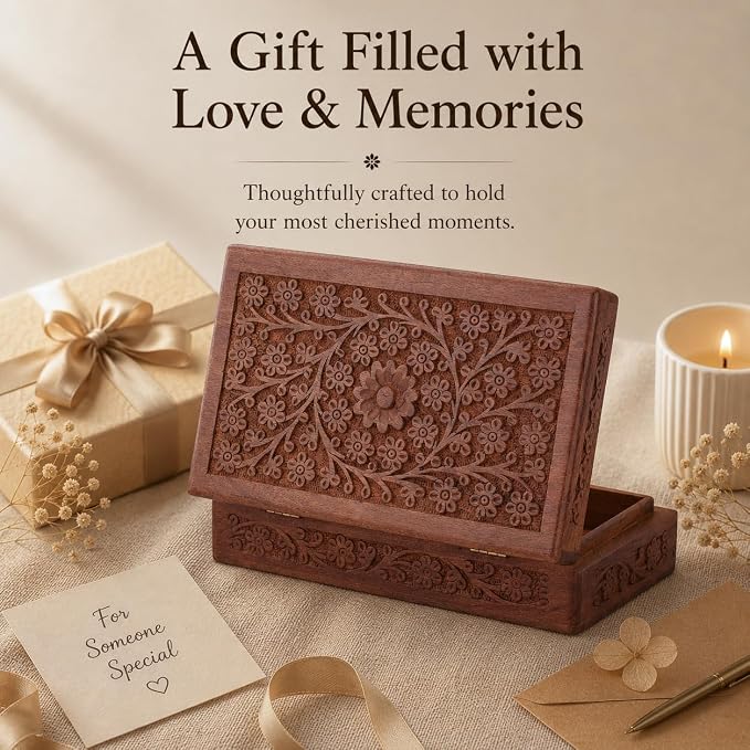 Ajuny Wooden Handcarved Decorative Jewelry Storage Box Flower Design Multipurpose Treasure Chest Keepsake Organizer Necklaces Watch Boxes Great for Gifts 10x6 Inch