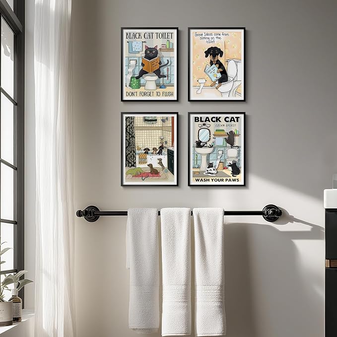 Framed Funny Bathroom Wall Art Decor, 4 Piece Cute Black Cat Dog Canvas Painting Prints, Animal Sitting in Bathtub on Toilet Reading Book Pictures for Kids Bathroom Restroom Wall Decor, 11x14 Inch