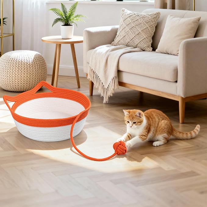 Cotton Rope Woven Cat Bed, Instinct Pet Basket with a Play Ball, Large | Foldable Cat Scratcher Basket for Indoor Cats, Puppies, Rabbits and Small Pets, Orange & White
