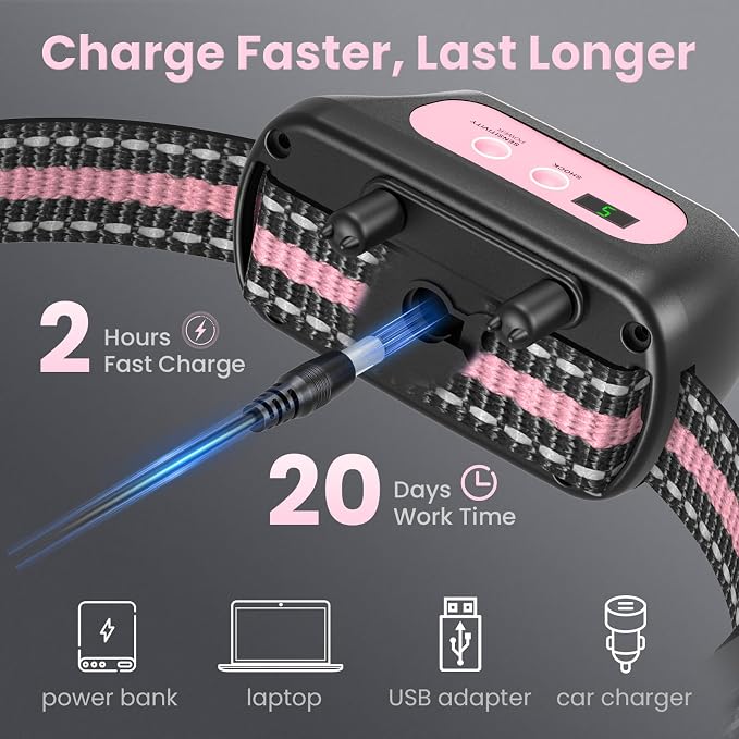 Dog Bark Collar for Large Medium Small Dogs, Rechargeable Smart Bark Collar, Anti Barking, Humane Dog Training Device with 5 Adjustable Sensitivity Beep Vibration(Pink)