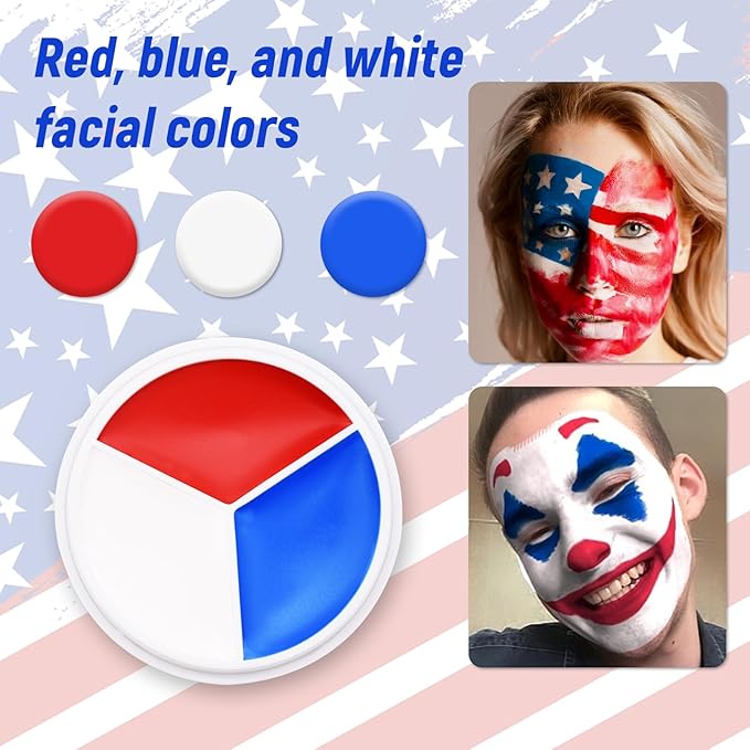 Red White Blue Face Body Paint - USA American Flag 3 Colors Makeup Face Painting Palette for America's Patriotic Events 4th of July, Independence Day, Veterans Day, Halloween, Sports Event